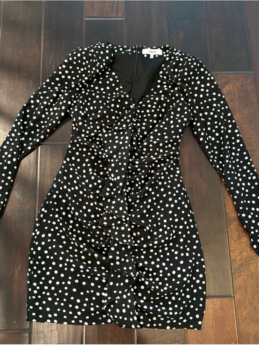Likely Black & White Polka Dot Ruffle Wrap Long Sleeve Dress